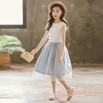 2021 summer new girl skirt childrens middle and big child net yarn striped Princess lace dress temperament parent-child skirt