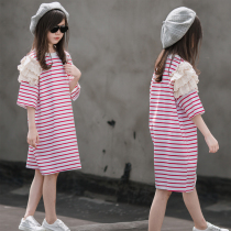 Girl Loose Striped Short Sleeve T-shirt Dress 2022 Summer Dress New CUHK Child Medium Long pure cotton parent-child dress
