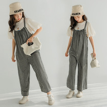 2022 Summer Dress New Girl Plaid Hanger Belts Pants CUHK Kids Han Version Casual Conjoined Pants Net Red Plaid Long Pants Tide