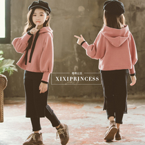 2021 autumn and winter childrens clothing girl plus velvet hoodie childrens loose top wide leg casual pants set