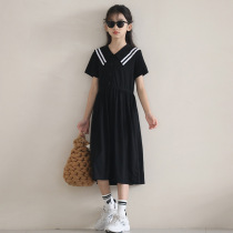 Girl Pure Color Doll Collar College Wind Dress 2022 Summer New Girl Brief Navy Collar Sweet long dress