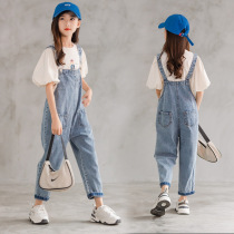 2022 Spring Dress New Korean Version Girl Denim Back Belt Pants CUHK Child Loose Large Pocket Casual Mid-Waist Jeans