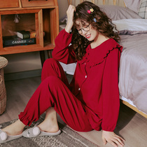Red pajamas womens spring and autumn season large size fat mm200 pounds long-sleeved cotton button life year home clothes suit