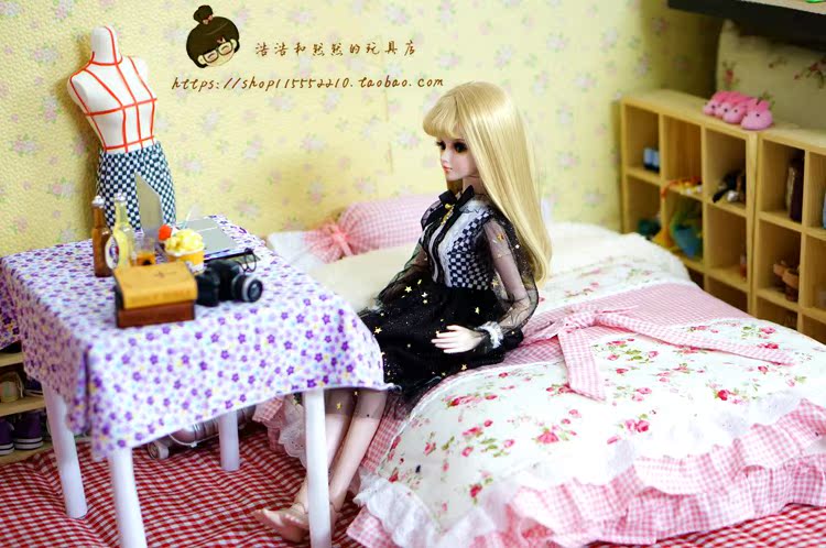 叶罗丽夜萝莉娃娃bjd3分60cm可爱田园风床上用品布艺双人床全套装