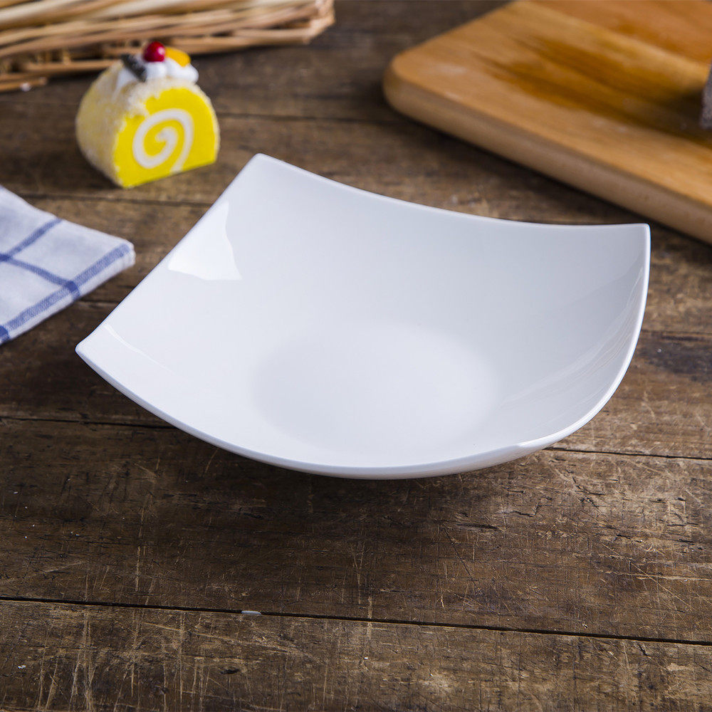 纯白色骨瓷瓷盘子陶瓷汤盘深盘家用方盘菜碟子沙拉盘酒店餐具_7折现价