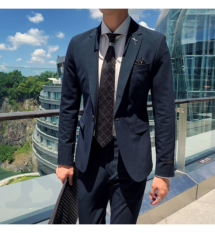 英伦绅士风男士韩版条纹西服套装男w9039/p245黑色
