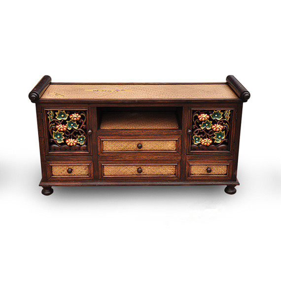 泰国进口家具东南亚风格实木雕花柜子竹编带抽屉装饰柜家居电视柜_不