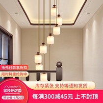 New Chinese stairwell long chandelier Duplex building middle floor glass all copper hanging lamp Chinese style hotel rotating stair lamp