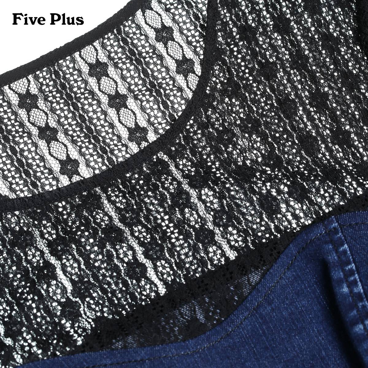 Five Plus新女冬装蕾丝拼接修身短款圆领长袖牛仔衬衫2HL1017340产品展示图3