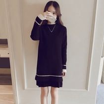 Sandro Moscoloni long-sleeved knitted dress womens autumn and winter mid-length thin temperament stitching pleated skirt