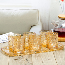 High-grade Golden diamond carved glass water cup set with drain tray without lid European household drinking cup tea color