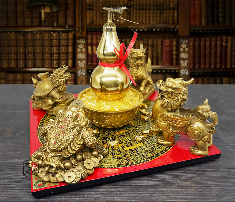 开光纯铜聚财阵摆件葫芦龙龟金蟾貔貅罗盘麒麟风水转运招财聚宝盆
