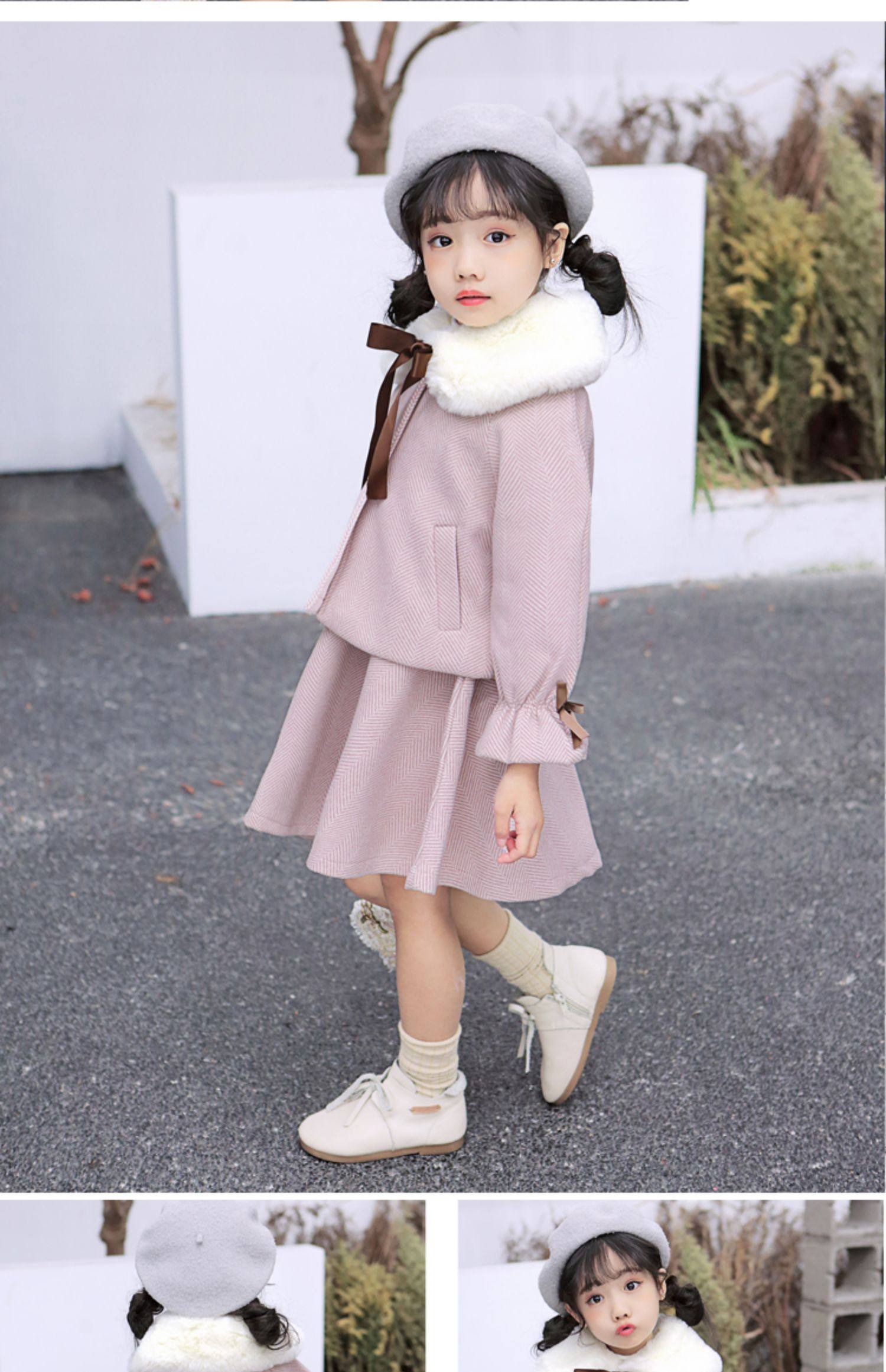 新款女童女孩裙子三件套连衣裙公主2020童装外套裙秋冬季毛呢洋气