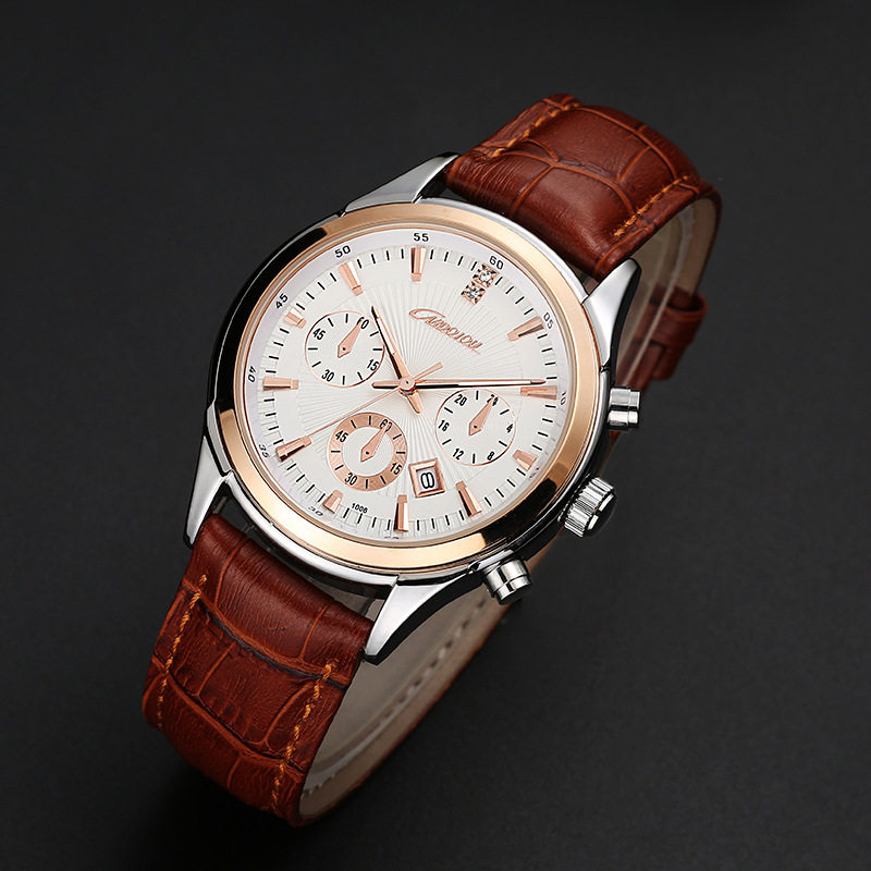 进口机芯石英手表高档商务真皮男士手表男款休闲防水手表时尚腕表_不