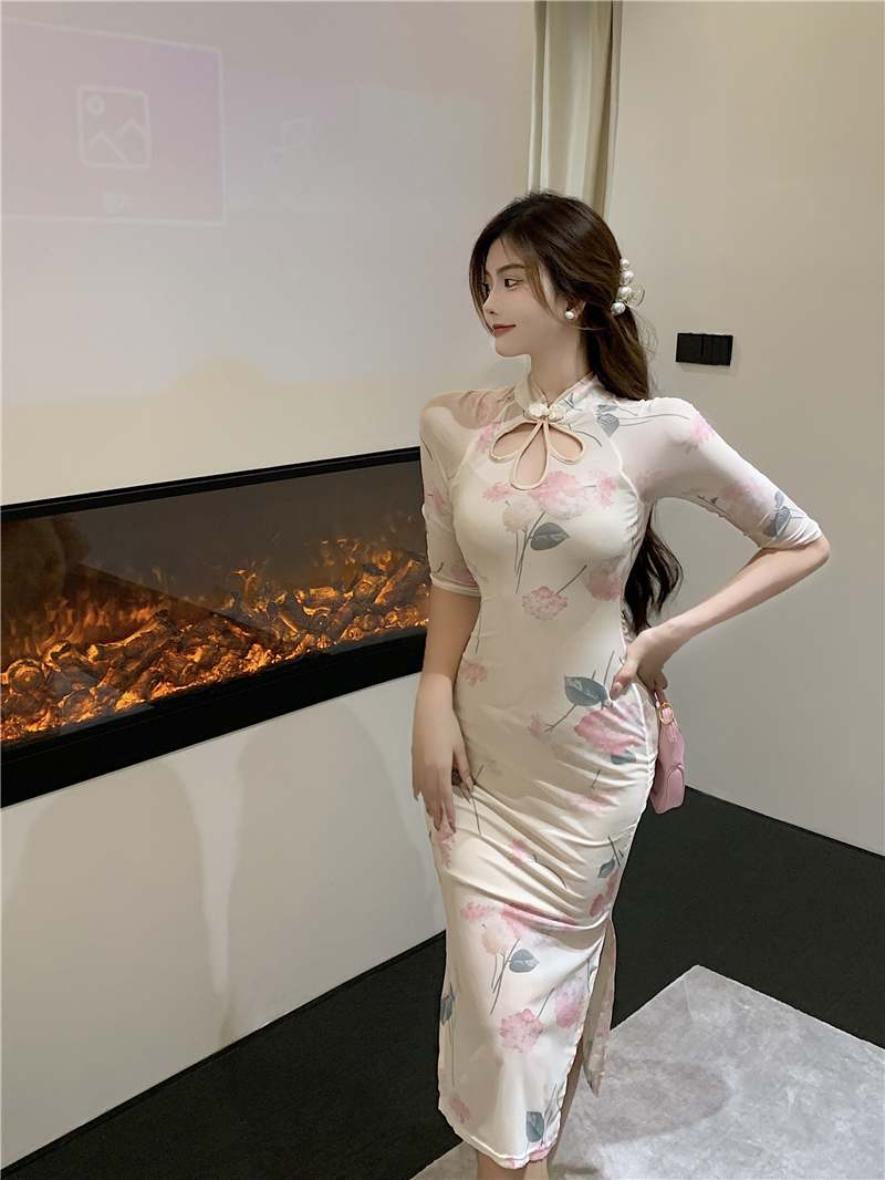 出笛复古日常年轻款网纱碎花改良旗袍优雅少女气质修身收腰显瘦连