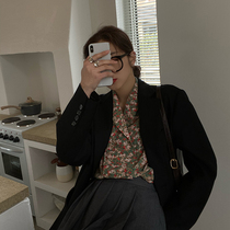 Ann wine month antique girl shoulder pad chiffon shirt retro vintage Hyuna wind floral long-sleeved shirt