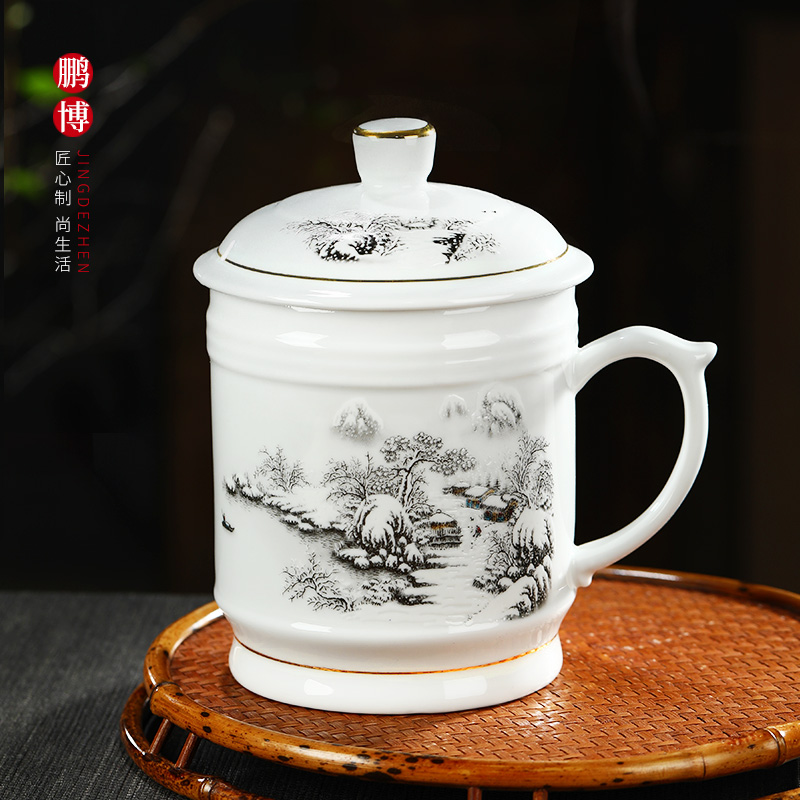 Jingdezhen ceramic cups with cover household large - capacity glass tea cup handle business office cup can be customized