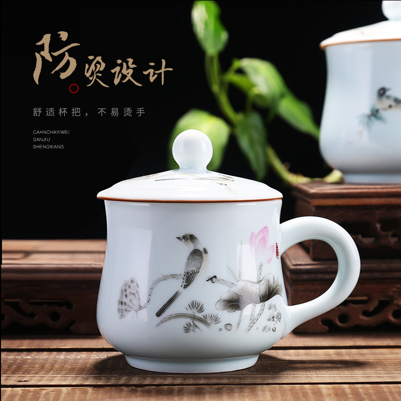 Jingdezhen ceramics with cover glass shadow green creative contracted keller large capacity water home office tea cup