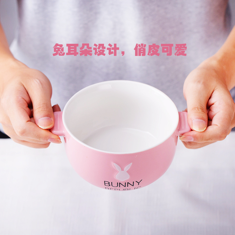 Korean lovely rabbit ears handle mercifully rainbow such as bowl with tureen students cartoon ceramic bowl large soup bowl