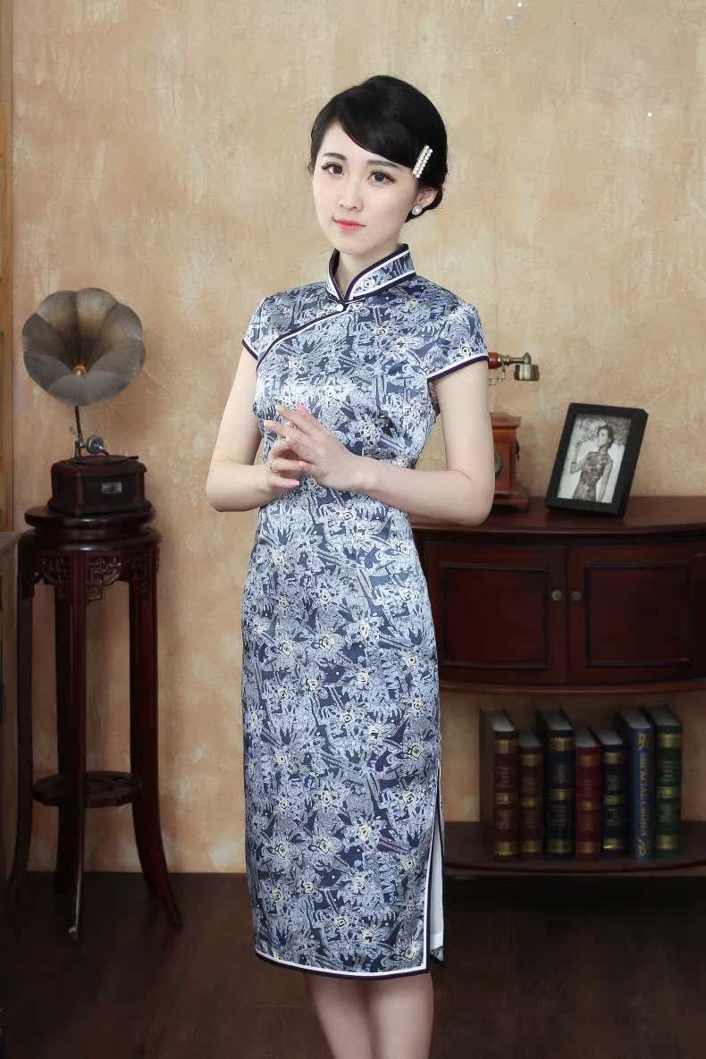 先派夏季真丝旗袍滚边短袖短款妈妈中式复古修身改良蓝色女旗袍