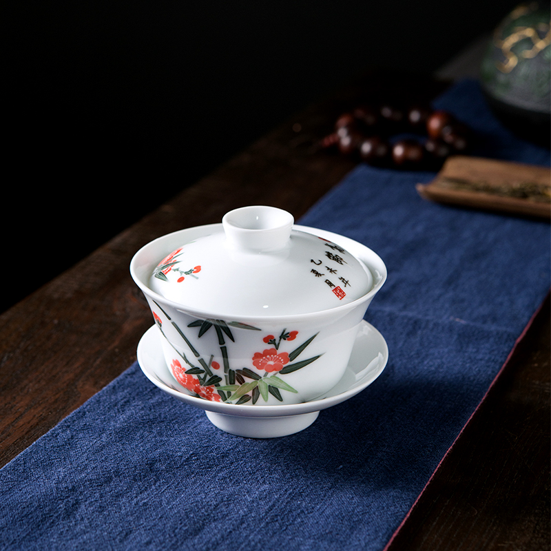 Next thousand red up with glaze color kung fu tea set home six small set of simple ceramic hand - made the name plum and the bamboo tureen tea cups