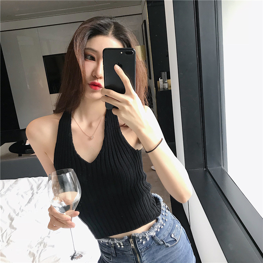 港味chic 性感低胸v领挂脖紧身短款无袖针织背心打底上衣女外穿