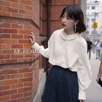 Line drawing French top female summer and autumn design sense niche wooden ear retro temperament loose long sleeve shirt