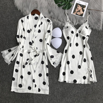 White Wave Dot Sexy Sleepwear Womens Summer Ice Silk Harnesses Chest Cushion Spring Autumn Sleeping Dress Two Sets Thin to Wear Outside