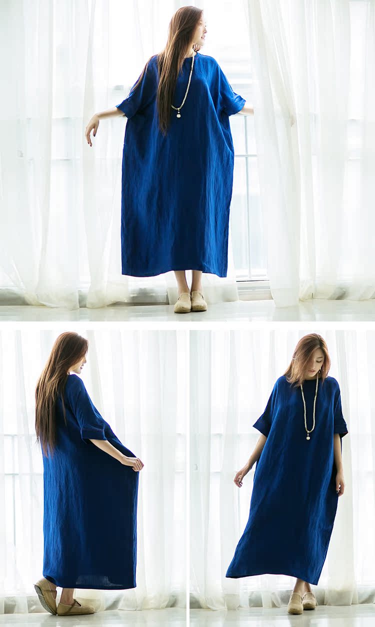 忆旧棉麻记复古文艺王菲同款宝石蓝亚麻宽松袍子夏季新品 茶人服