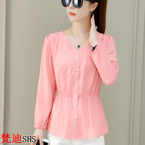 Solid color slim long-sleeved t-shirt womens top 2022 new slim spring and autumn V-neck high-end super-good-looking bottoming shirt