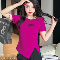 Rose red short-sleeved front shoulder t-shirt female cotton ins tide brand net red super hot chic short small top clothes color summer