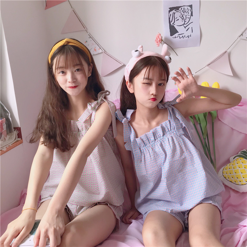 夏装新款女装睡衣可爱少女吊带上衣 格子短裤家居服闺蜜套装外穿