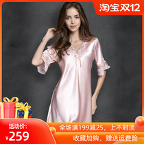 Silk pajamas womens spring and autumn thin ice silk short sleeve size loose comfortable nightgown sexy lace outside home clothes