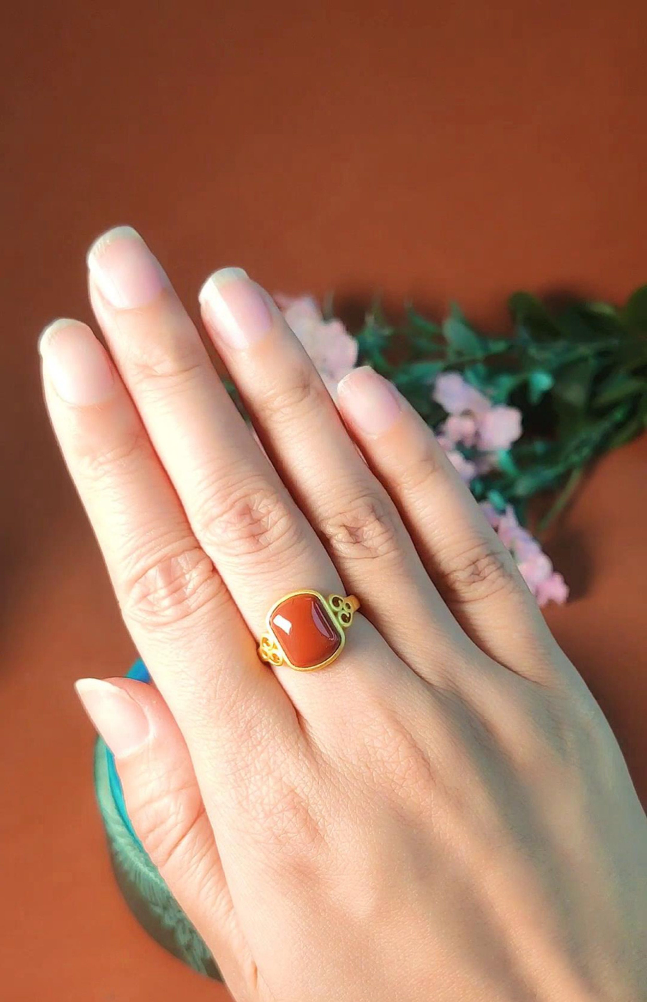 天然南红玛瑙首饰女古法红色宝石妈妈纯银中式方糖戒指轻奢高级感