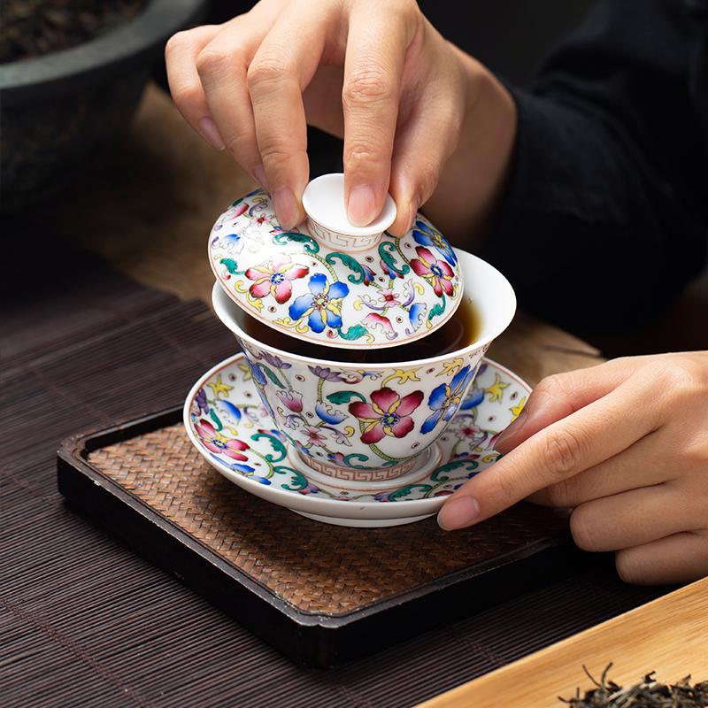 Jingdezhen ceramic checking tea tureen large cups colored enamel double pattern hand - made tea tea bowl