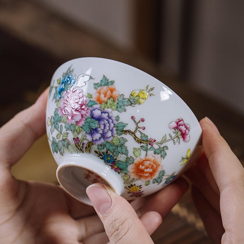 The Owl up jingdezhen master cup colored enamel peony cup single cup tea and flowers and birds kung fu tea cups hat to bowl