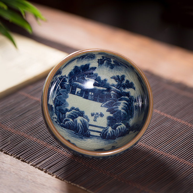 Owl up clay open piece of blue and white landscape maintain glaze cup the draw master cup single CPU manually lohan pu - erh tea cup