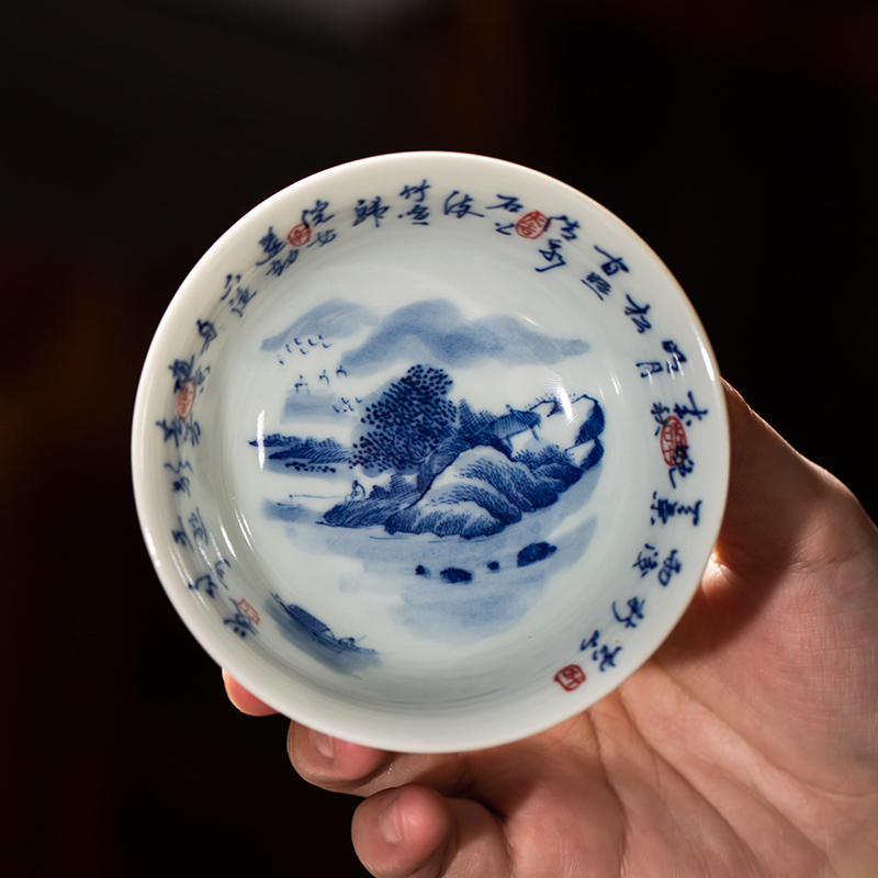 The Owl up jingdezhen blue and white landscape hand - made tea set on autumn Ming maintain figure kung fu tea cup master CPU