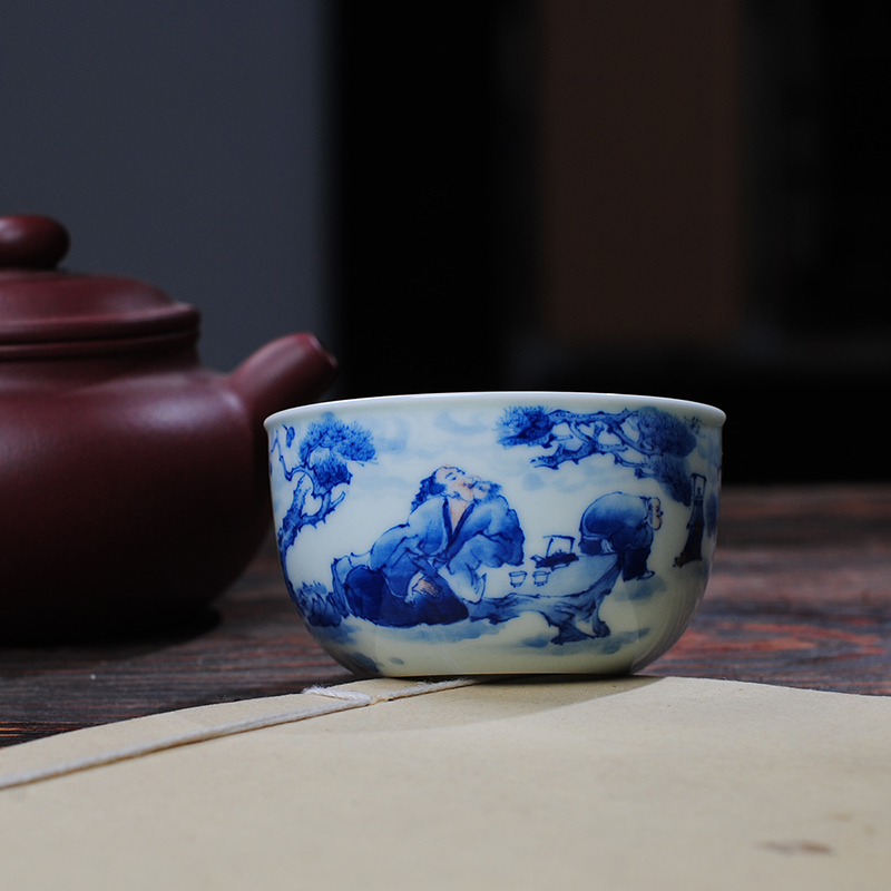 【 9.11 】 jingdezhen blue and white "boiled tea figure" pure manual hand - made the master sample tea cup