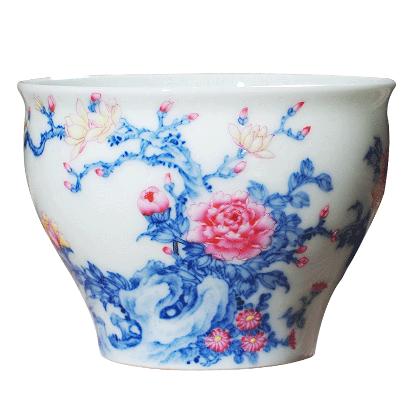 The Owl up jingdezhen blue and white colored enamel peony cup fighting kung fu tea masters cup tea cup