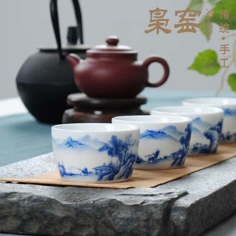 The Owl up jingdezhen blue and white landscape single hand - made ceramic kung fu tea tea cup suit individual sample tea cup