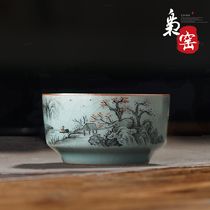 Jingdezhen tea cup Ruyao Tianqing open piece handmade ink landscape Gongfu Tea cup Single cup Master cup tea bowl