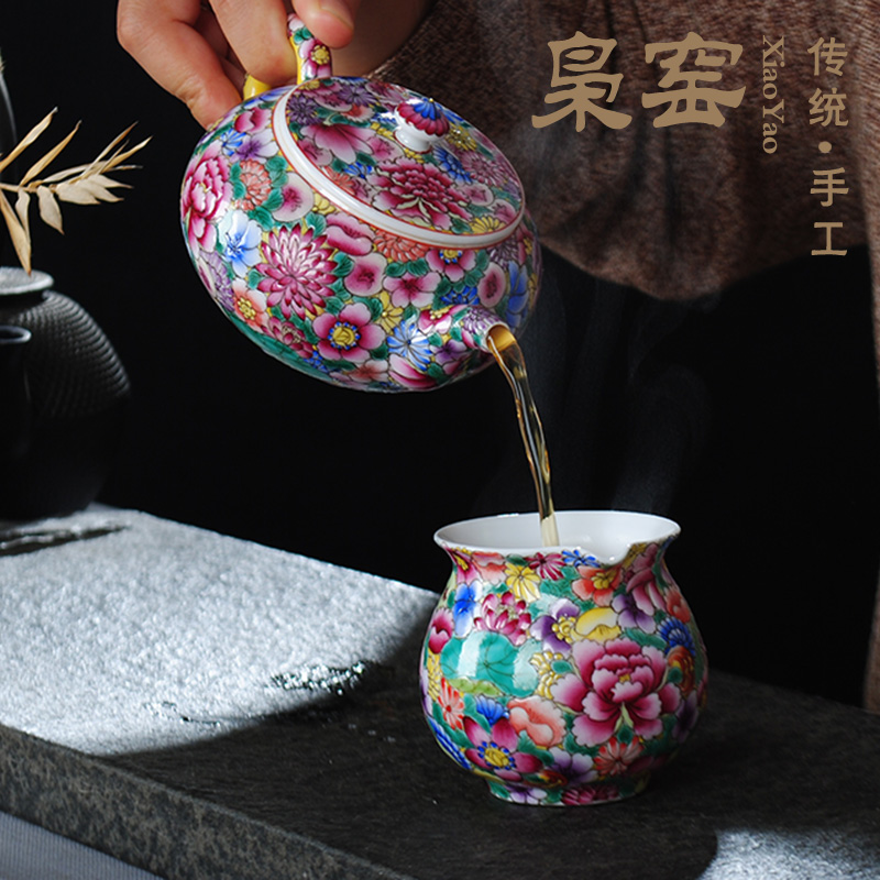 Jingdezhen famille rose tea set antique hand - made kung fu tea set ceramic teapot single pot of colored enamel large teapot