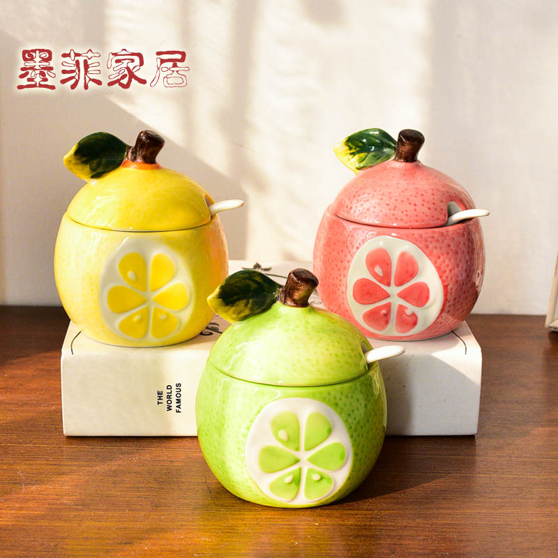 Household kitchen cartoon creative fruit flavored anaglyph ceramic pot seasoning jar with cover Household soft adornment is placed