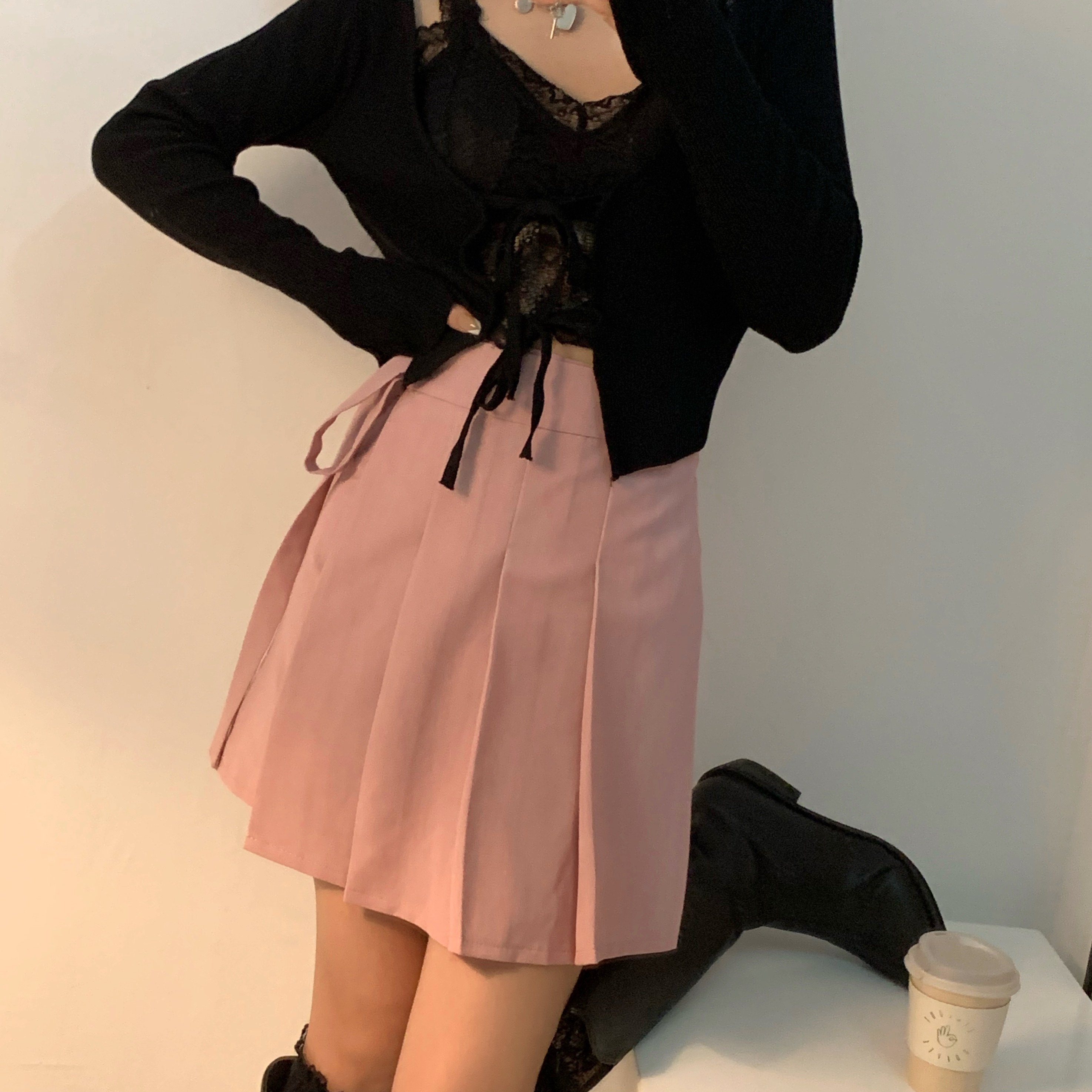 实拍 一片式樱花粉百褶裙子半裙a字裙显瘦不显跨系带粉色jk短裙