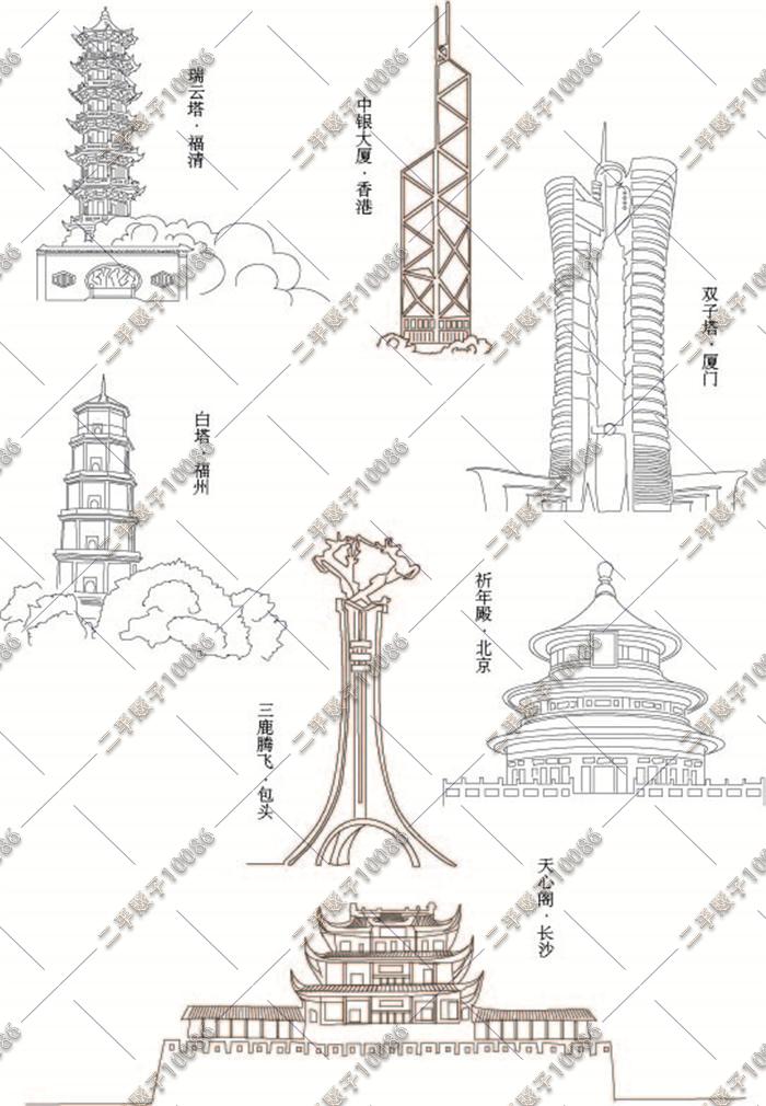 中外城市标志性建筑物卡通手绘线稿剪影海报活动素材ai/eps矢量图