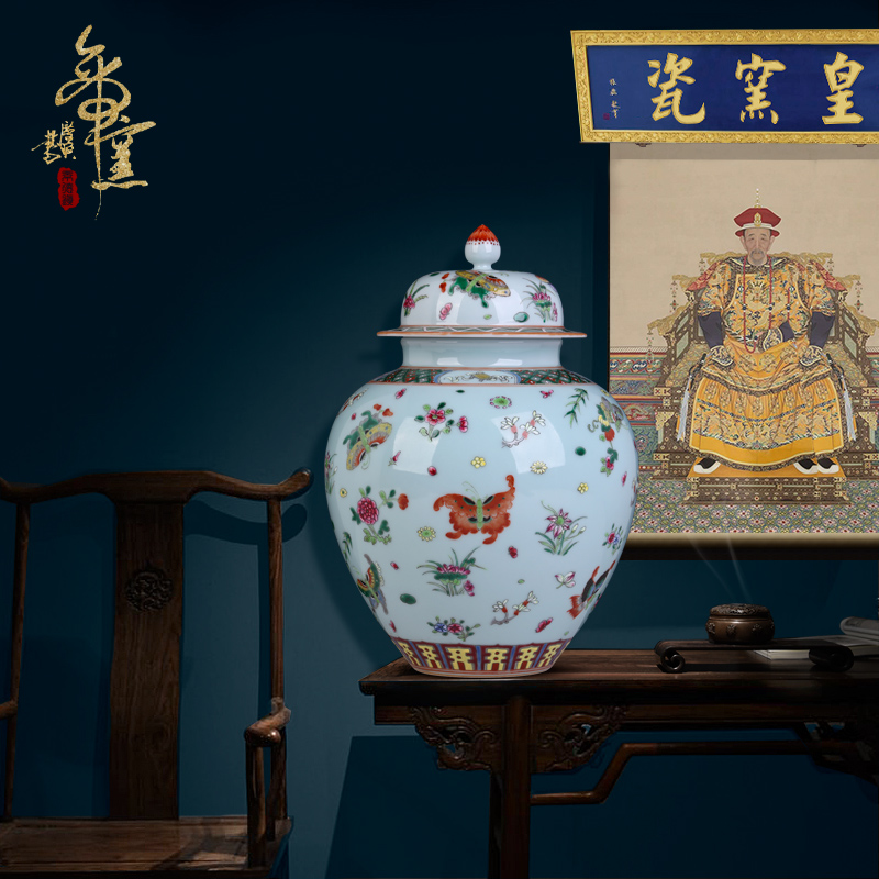 Jingdezhen ceramics archaize pea green glaze azure storage cover pot Chinese ancient frame sitting room decoration as furnishing articles