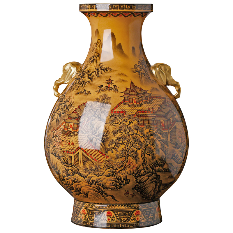 Antique hand - made yellow glaze color ink pavilions of jingdezhen ceramics grain elephant statute of the sitting room porch Chinese vase furnishing articles