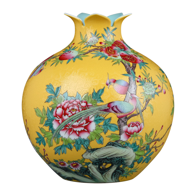 Jingdezhen ceramics antique hand - made pastel yellow scramble for pomegranate bottles of Chinese style living room porch TV ark, furnishing articles