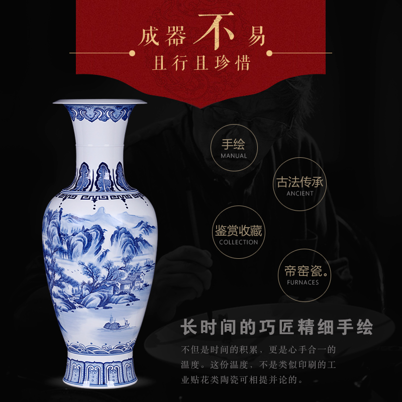 Jingdezhen blue and white landscape hand - made ceramics vase modern Chinese style living room TV cabinet decoration handicraft furnishing articles